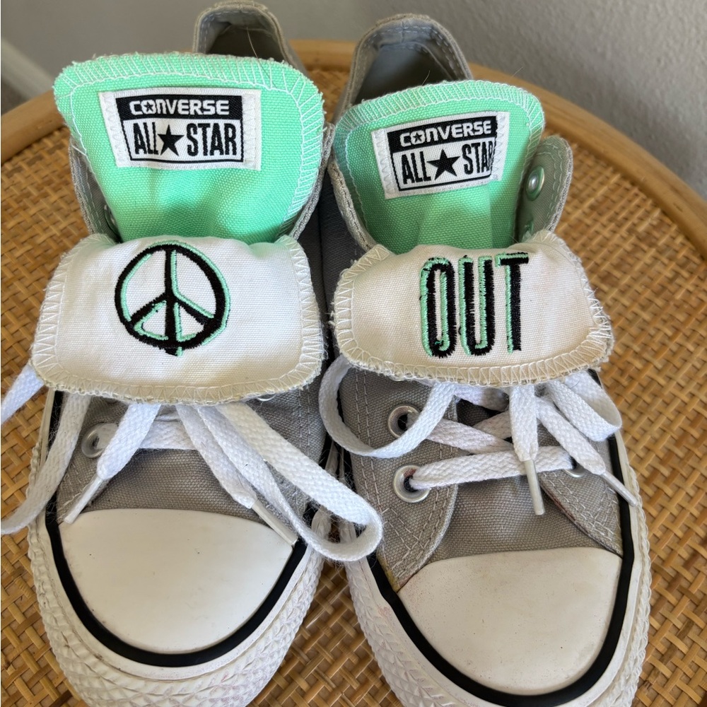 Women’s Converse All Star Gray and Green ‘Peace Out’ Low Top Sneakers
